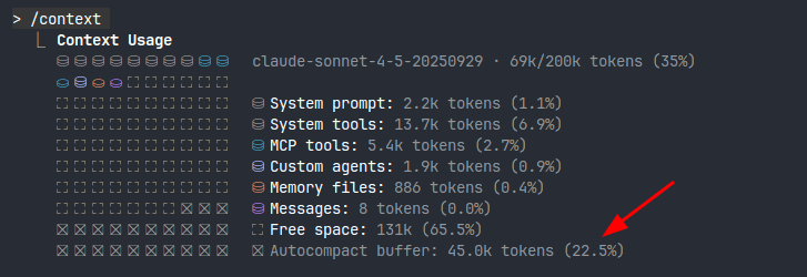 Context usage showing auto-compact buffer at 45k tokens
