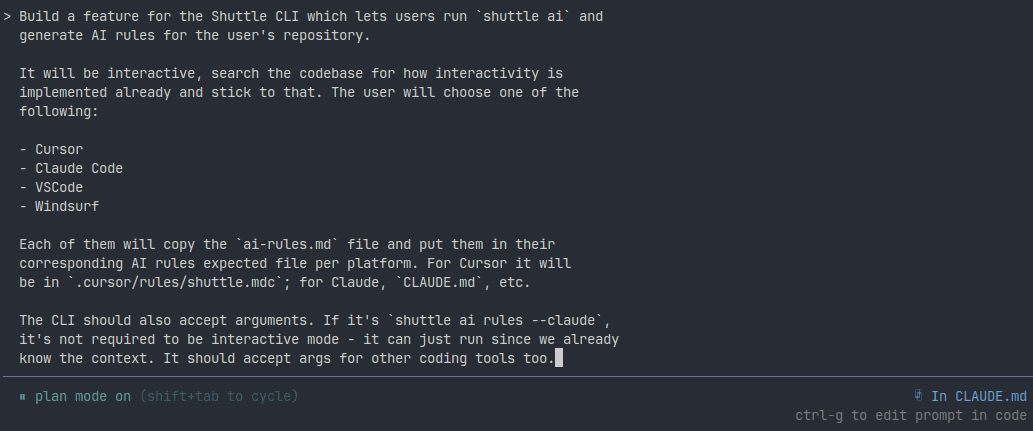 Entering the prompt in plan mode
